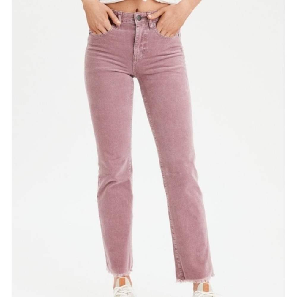 American Eagle Hi-Rise Crop Flare Dusty Pink Corduroy Pants Size 2 Distressed